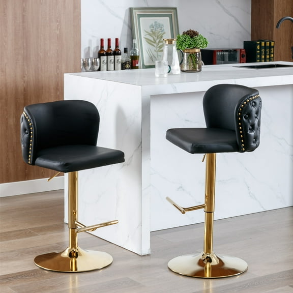 Knubmt Set of 2 Adjustable Height Barstools with Metal Frame and Footrest, PU Leather Swivel Bar Stools for Dining Room, Bar, Black + Gold