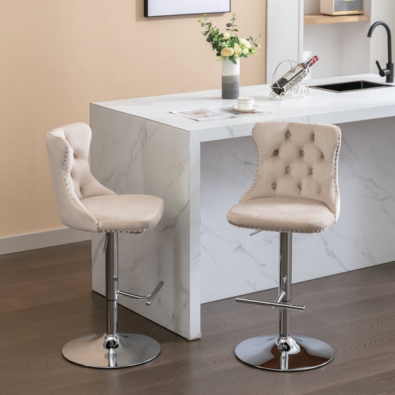Knubmt Set of 2 Adjustable Seat Height Barstools with Metal Frame and Footrest, Swivel Velvet Bar Stools for Home, Bar, Kitchen, Beige