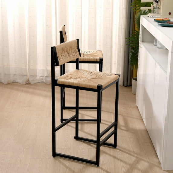 Knubmt Set of 2 Bar Chair with Metal Frame and Footrest, Paper Rope Weave Bar Stools for Kichen Island, Bar,