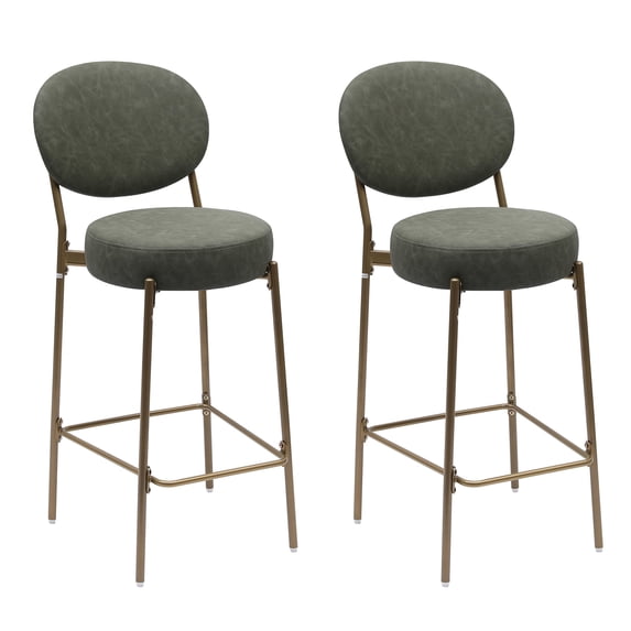 Knubmt Set of 2 Faux Leather Bar Stools with Golden Metal Legs, 29" Seat Height Upholstered Counter Stool for Kitchen, Bar, Dining Room, Green