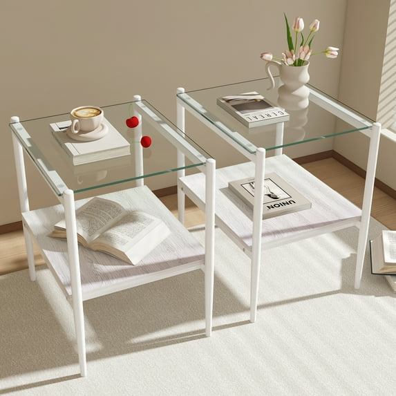 Knubmt Set of 2 Tempered Glass Tabletop Side Table End Table with Metal Legs, 2 Tiers Rectangle Coffee Table for Living Room, Office, White