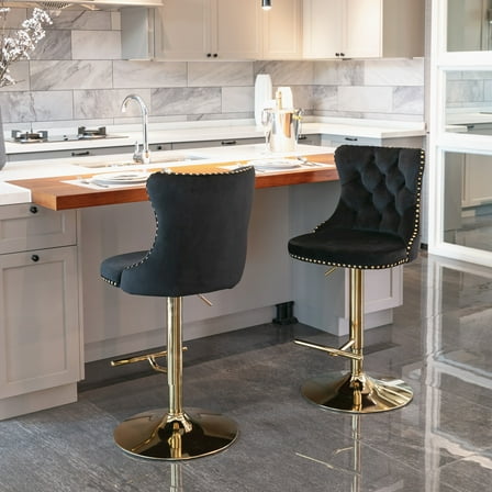 Knubmt Set of 2 Velvet Barstools with Footrest, Adjusatble Height Swivel Bar Stools for Home, Dining Room, Black + Gold