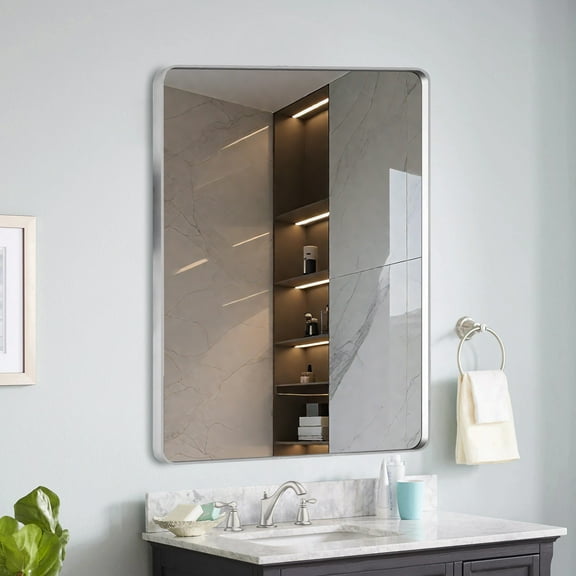 Knubmt Silver Rectangular Makeup Mirror Wall Mirror Aluminium Frame Vanity Mirror for Bathroom, Living Room, 40x36 Inch