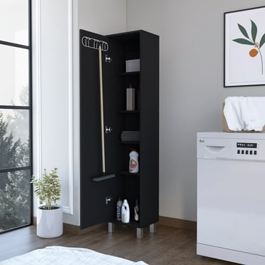 Knubmt Single Door Storage Cabinet with 5 Shelf and Hanger, Pantry Cabinet for Living Room, Dining Room, Kitchen, Black