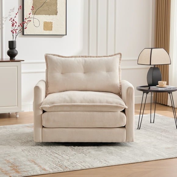 Knubmt Swivel Upholstered Club Chair Armchair with Metal Base, Modern Chenille Accent Chair for Living Room, Office, Bedroom, Beige