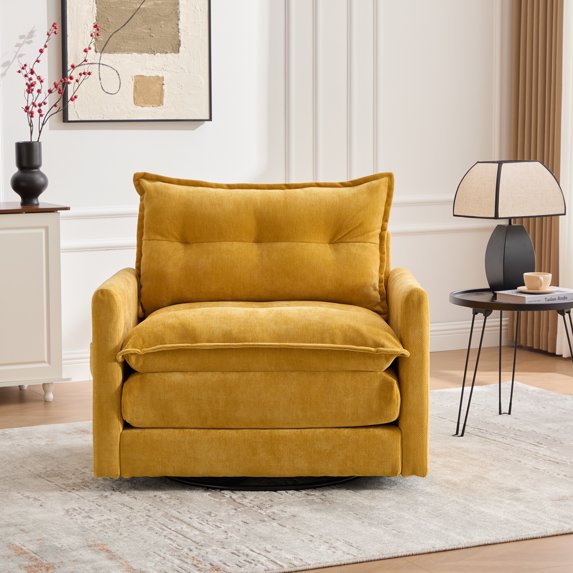 Knubmt Swivel Upholstered Club Chair Armchair with Metal Base, Modern Chenille Accent Chair for Living Room, Office, Bedroom, Yellow