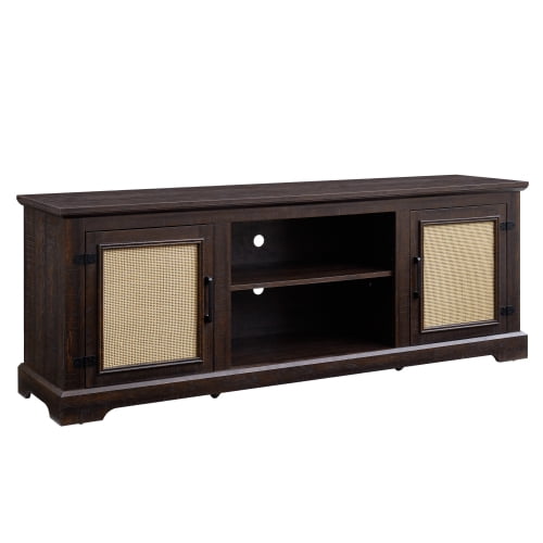 Knubmt TV Console Table for TVs up to 70 Inches, Wood TV Cabinet with 2 Shelves and 2 Rattan Door, TV Stand for Living Room, Office, Dark Brown
