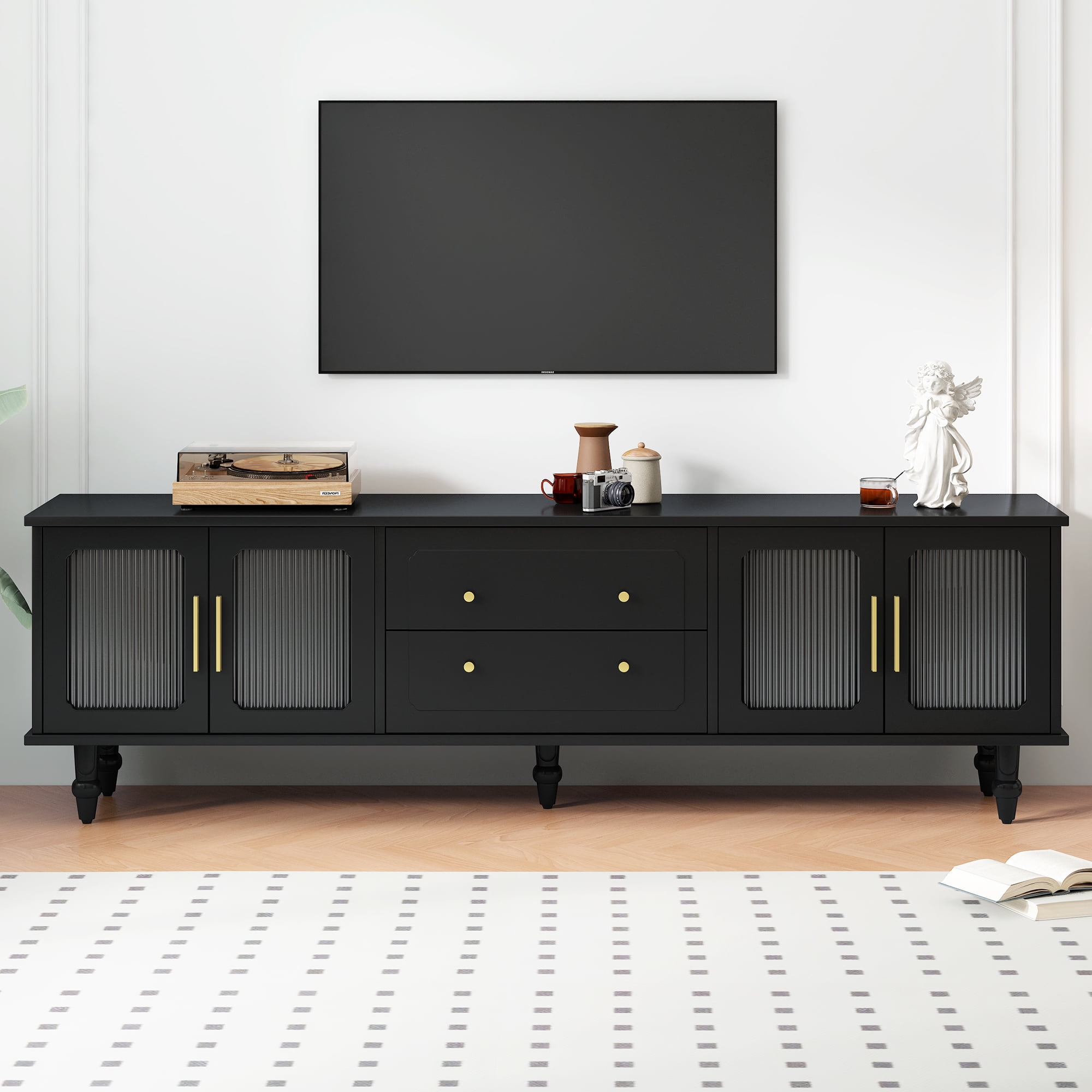 Black Fluted Glass Door TV Stand with Drawers and Cabinets