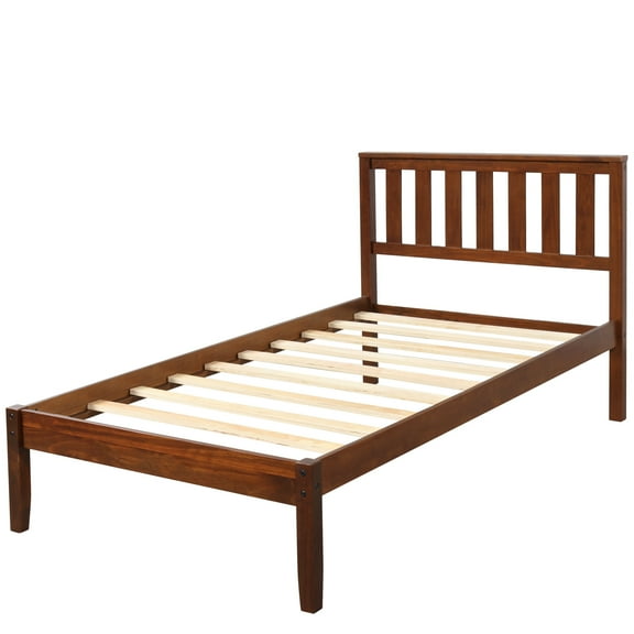 Knubmt Twin Size Bed Frame Wood Platform Bed with Headboard/Wood Slat Support, Perfect for Home, Bedroom, Brown