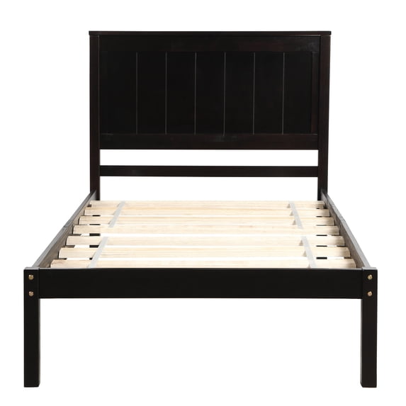 Knubmt Twin Size Wood Platform Bed Frame with Headboard, No Box Spring Needed, Dark Brown