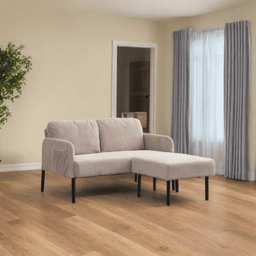 Knubmt Upholstered Polyester Fabric Sofa Couch with Ottoman, 2 Seater Loveseat Sofa for Living Room, Bedroom, Office, Apartment, Beige