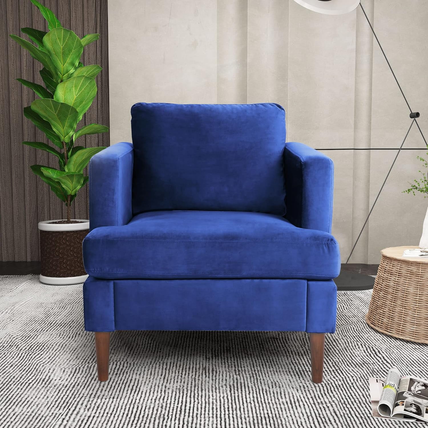 Knubmt Velvet Armchair with Thick Cushion and Wood Legs, Single Seat