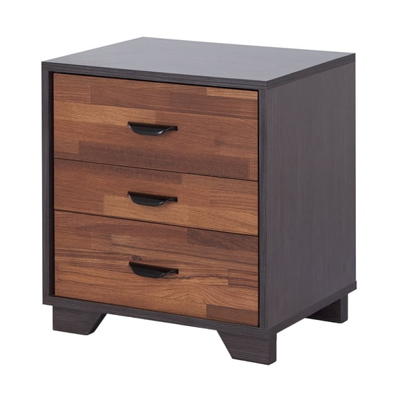 Knubmt Wood Beside Table with Handle, 3 Drawer Nightstand for Living Room, Bedroom, Brown + Dark Brown