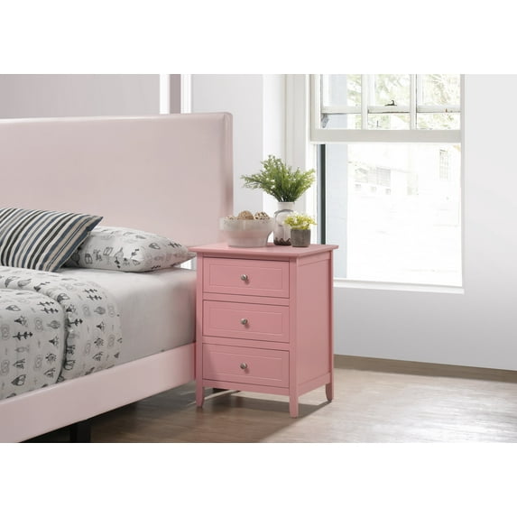 Knubmt Wood Beside Table with Handle, 3 Drawer Nightstand for Living Room, Bedroom, Pink
