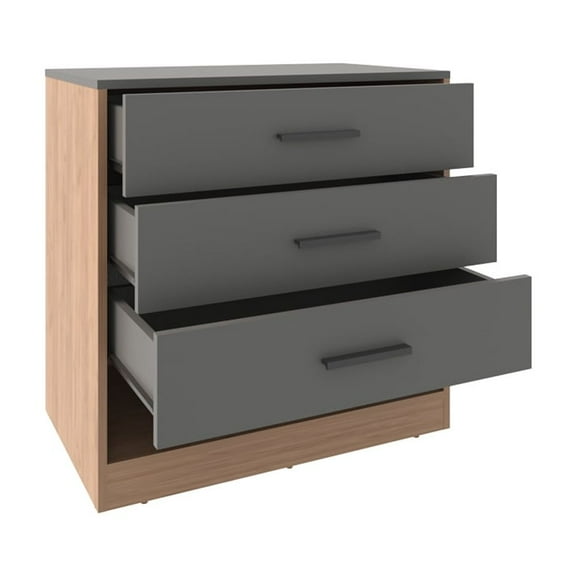 Knubmt Wood Beside Table with Open Shelf, 3 Drawer Nightstand for Living Room, Bedroom, Gray+Brown