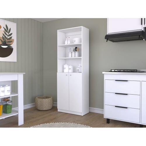 Knubmt Wood Bookcase Bookshelf with 2 Doors Cabinet, Books Storage Rack with 2 Inner Shelves and 3 Open Shelves, White