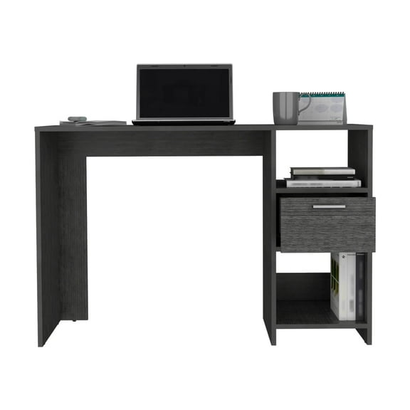 Knubmt Wood Computer Desk with 1 Drawer and 2 Open Shelves, Writing Table for Home Office, Dark Gray