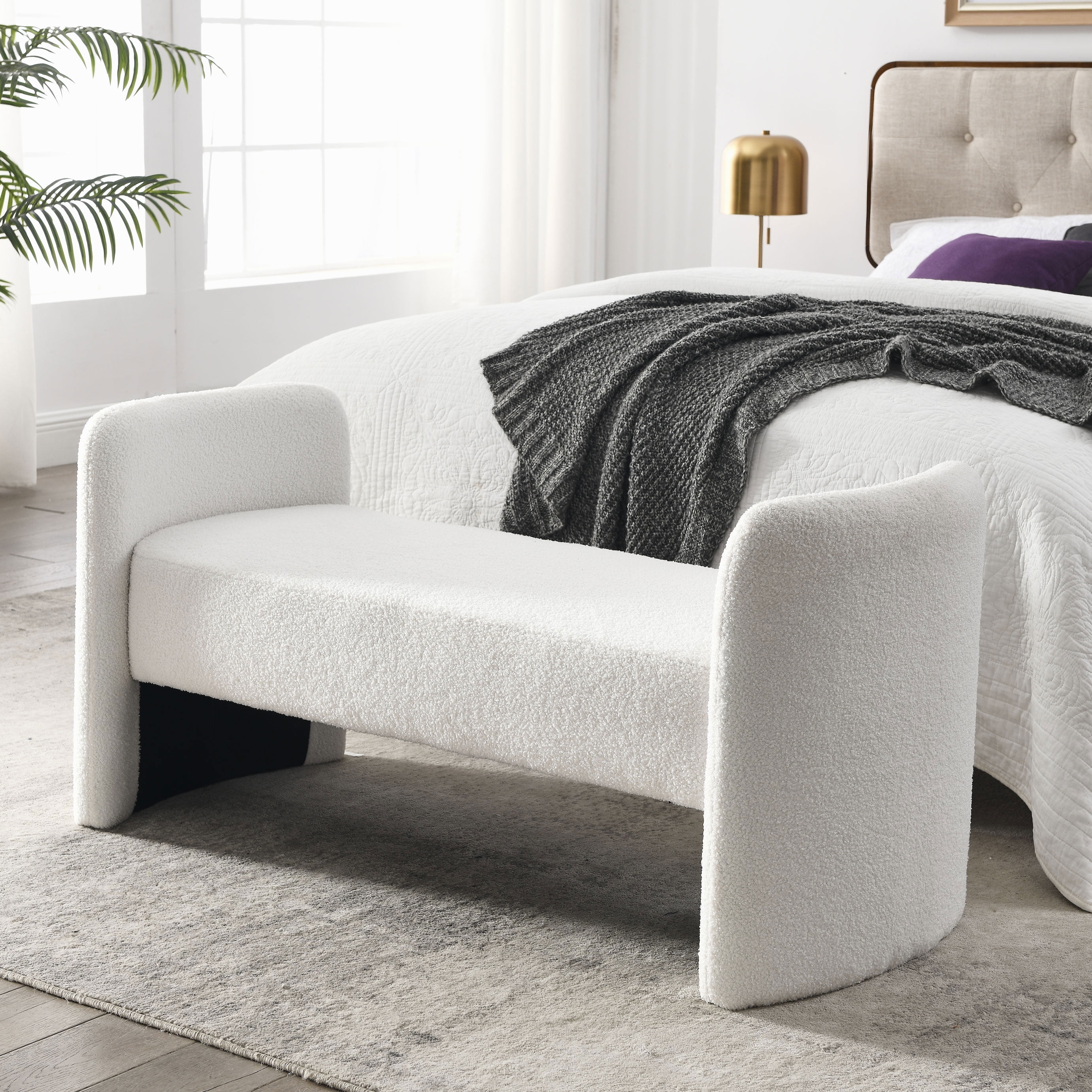 Ivory Upholstered Foam Top Solid Wood Bedroom Bench
