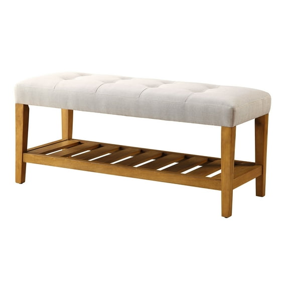 Knubmt Wood Frame Padded Seat Bench with Bottom Shelf, Perfect for Living Room, Bedroom, Dining Room, Light Gray + Brown