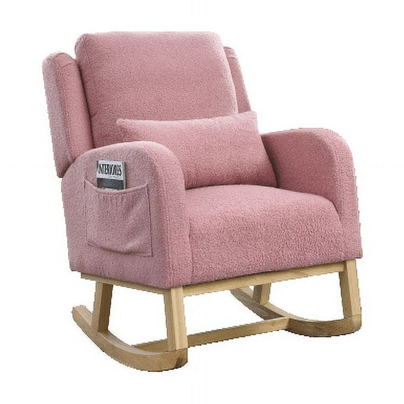 Knubmt Wood Frame Rocking Chair with 2 Side Pocket and Lumbar Pillow, Upholstered High Backrest Accent Chair for Living Room, Office, Pink