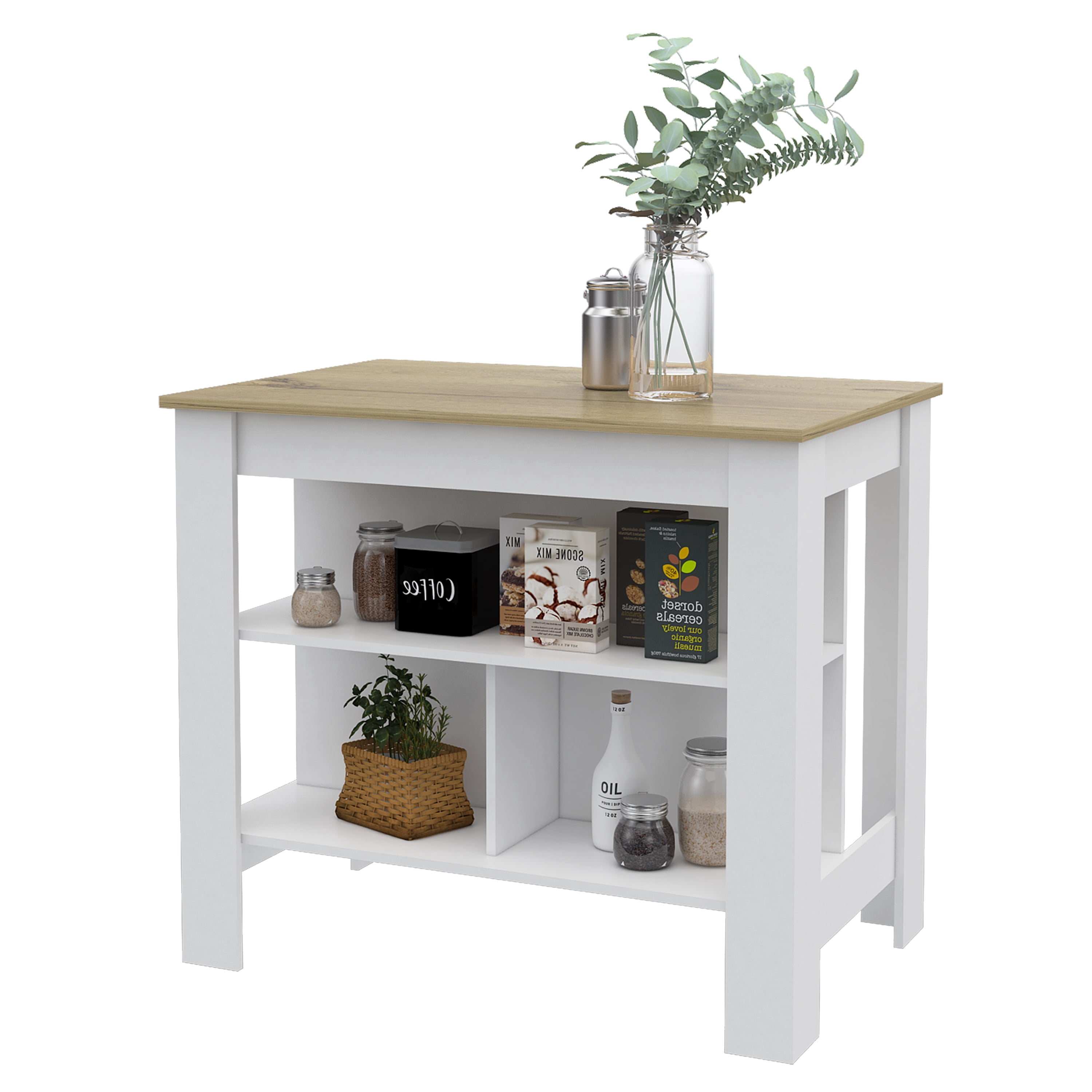 Knubmt Wood Kitchen Island with 3 Open Shelf, Island Table for Living ...