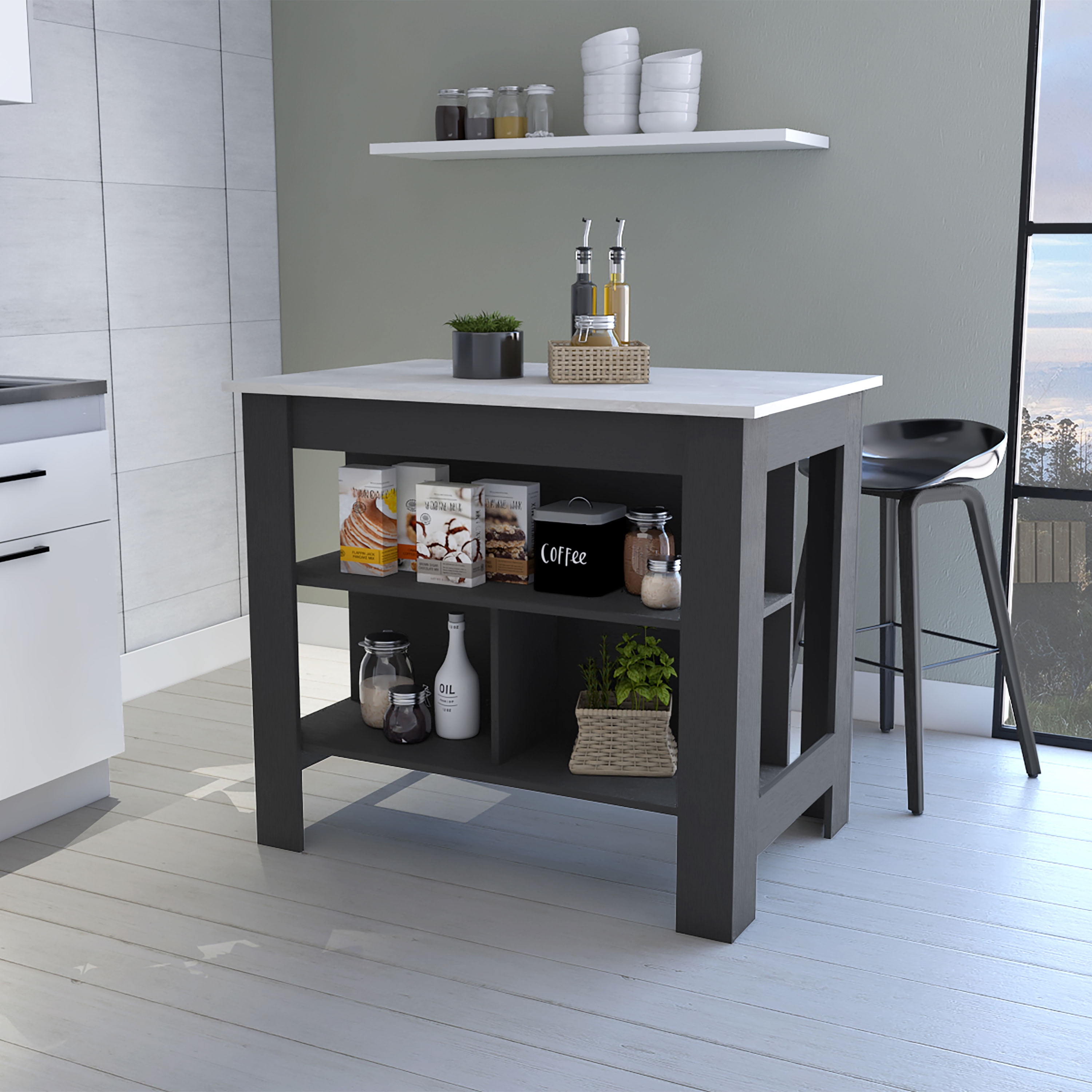 Knubmt Wood Kitchen Island with 3 Open Shelves, Island Table for Living ...