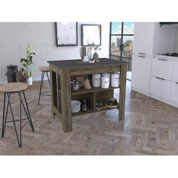 Knubmt Wood Kitchen Island with 3 Shelves, Island Table for Living Room, Dining Room, Kitchen, Dark Brown