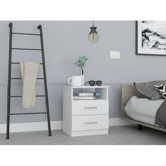 Knubmt Wood Nightstand with 2 Drawers and 1 Open Shelf, Beside Table for Home, Bedroom, White
