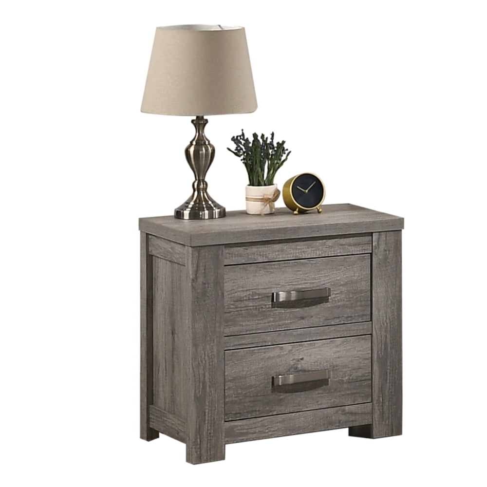 Weathered Gray Wood Two-Drawer Nightstand with Brushed Nickel Pulls