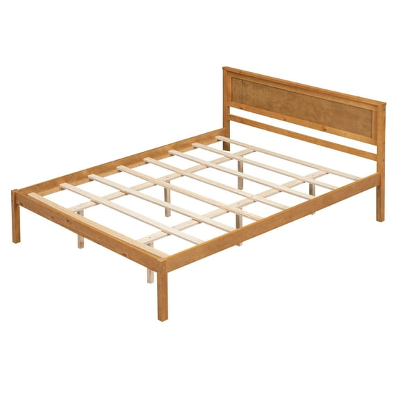 Knubmt Wood Platform Bed Frame with Headboard, Wood Slat Support, No Box Spring Needed, Brown