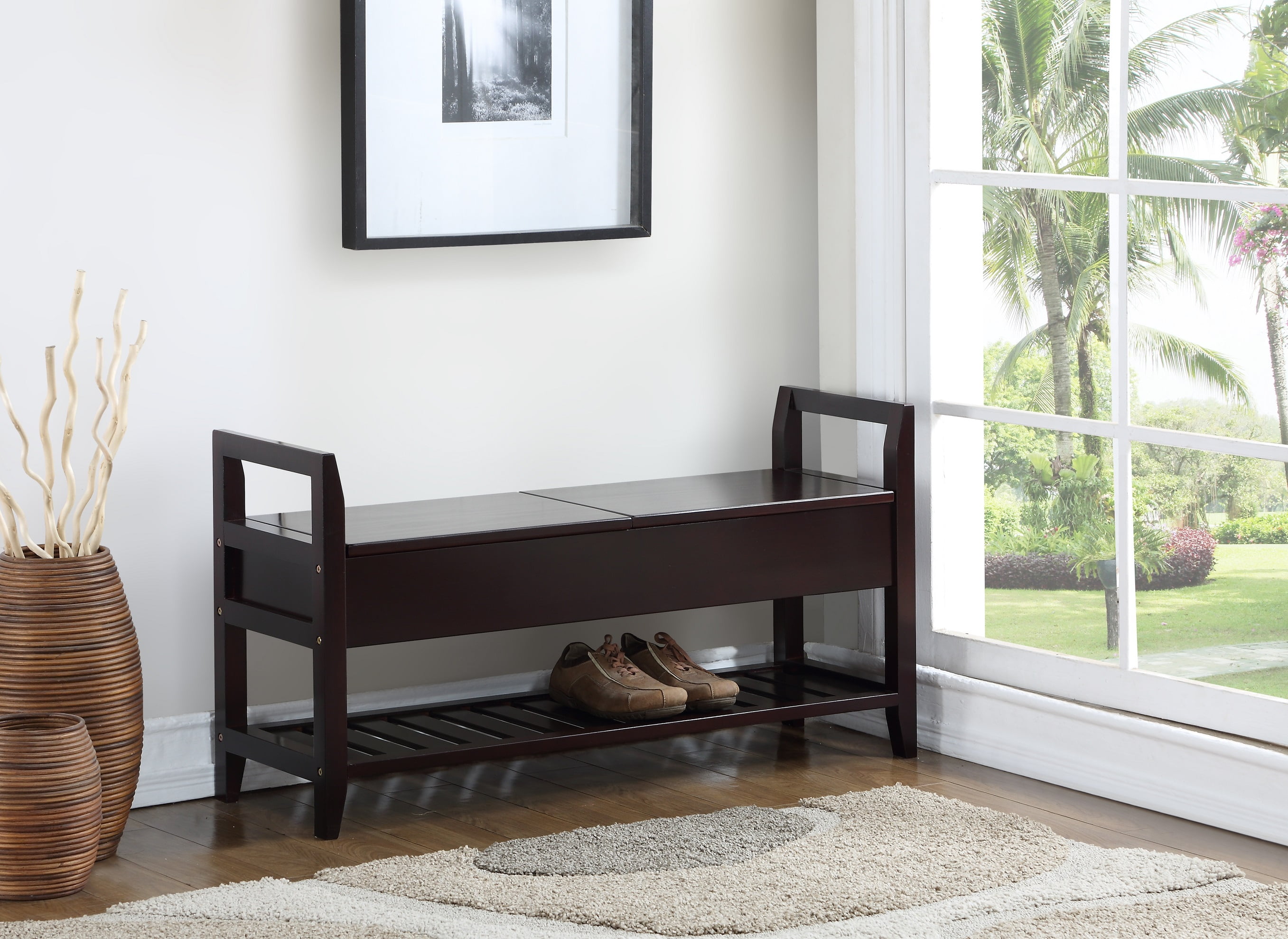 Espresso and Beige Wooden Shoe Bench with Storage