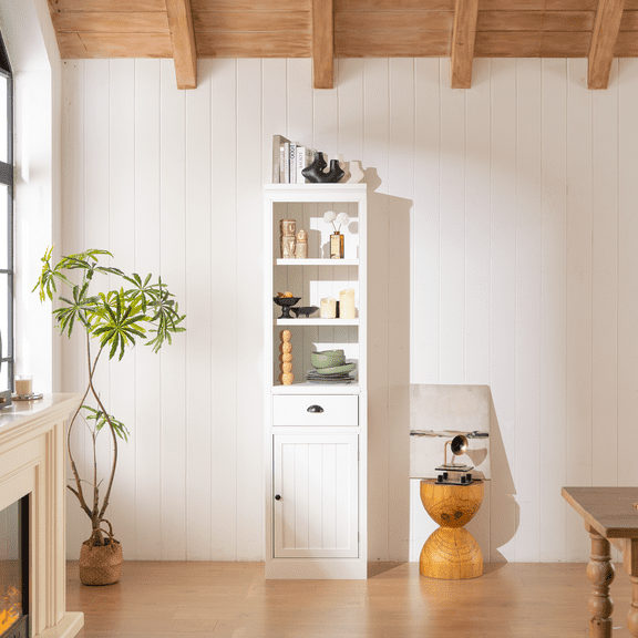 Knubmt Wood Storage Cabinet with 1 Drawer and 3 Shelf, 75" Tall Single Door Display Cabinet for Living Room, Kitchen, Home, Studio, Workspace, White