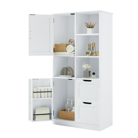 Knubmt Wood Storage Cabinet with 2 Drawers, 2 Doors Freestanding Bathroom Cabinet with Open Shelve and Inner Shelf, White