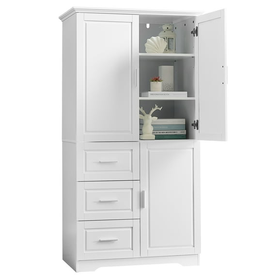 Knubmt Wood Storage Cabinet with 3 Drawers, 2 Doors Storage Cabinet for Bathroom,Office,Living Room, White