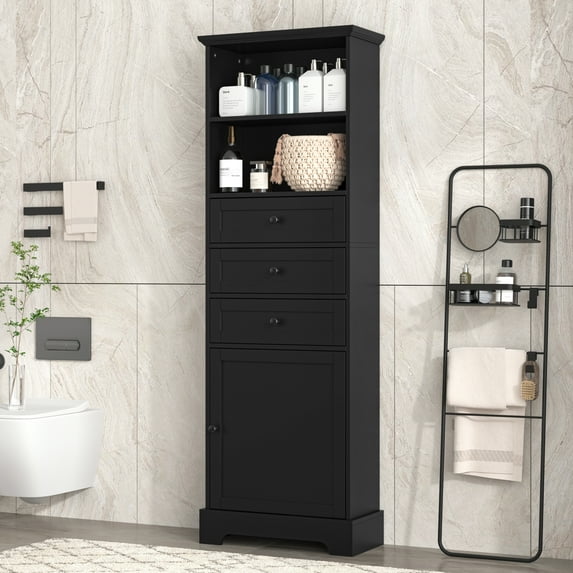 Knubmt Wood Storage Cabinet with 3 Drawers and Shelves, Tall Storage Cabinet for Bathroom, Study, Office, Black