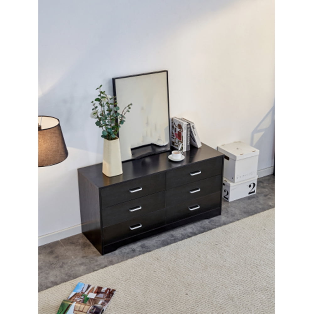 Black MDF Double Dresser with Six Drawers