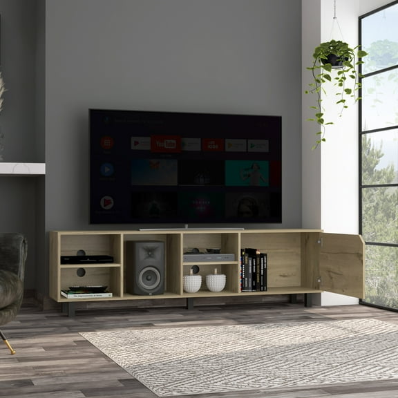 Knubmt Wood TV Cabinet with Open Shelf, TV Stand for TV up to 71 inches, TV Console Table for Home, Living Room, Office, Light Brown