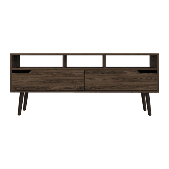 Knubmt Wood TV Console Table for TV´s up 52", TV Cabinet with 3 Open Shelves and 2 Drawers, Tv Stand for Living Room, Dark Brown