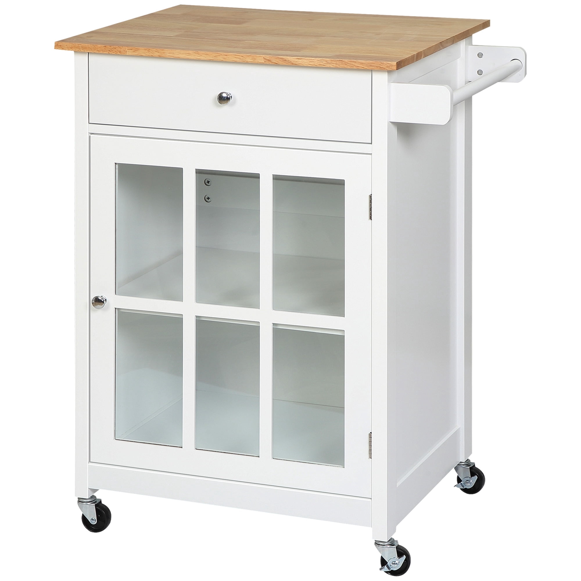 Knubmt Wood Top Kitchen Island with Drawer and Glass Door Cabinet, Rolling Kitchen Cart with Shelf and Towel Rack, White