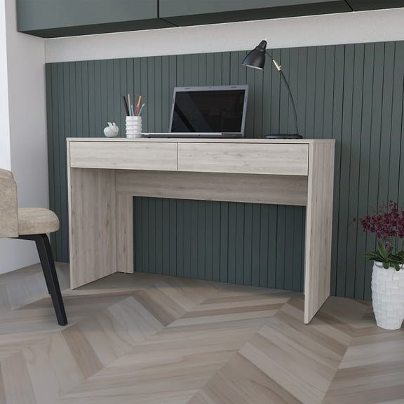 Knubmt Writing Table for Home Office, Computer Desk with 2 Drawers, Light Gray
