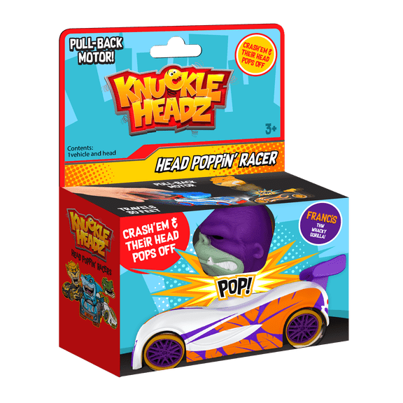 Knuckle Headz Pop-Up Racer Car Toy, Friction-Powered Pull Back Race Car, Head Popping Fun Gift for Kids, Boys, Girls, Ages 3+, Gorilla