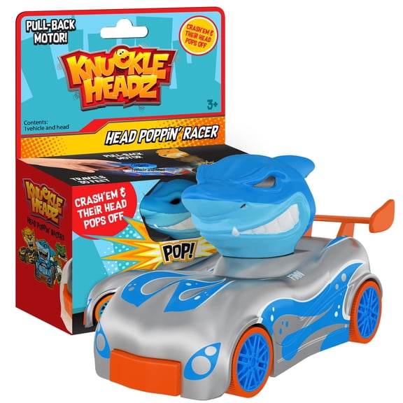 Knuckle Headz Pop-Up Racer Car Toy, Friction-Powered Pull Back Race Car, Head Popping Fun Gift for Kids, Boys, Girls, Ages 3+, Shark