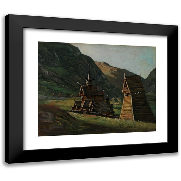 Knud Baade 14x12 Black Modern Framed Museum Art Print Titled - Borgund Stave Church in Lærdal (1833)