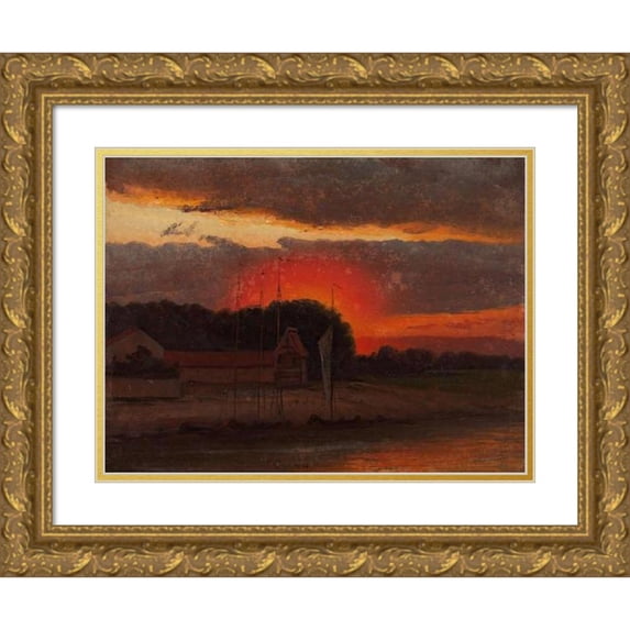Knud Baade 18x15 Gold Ornate Wood Frame and Double Matted Museum Art Print Titled - The Elbe in Sunset (1844)