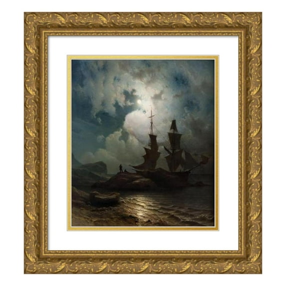 Knud Baade 20x22 Gold Ornate Framed and Double Matted Museum Art Print Titled - Moonlight on the Coast of Norway (1857)