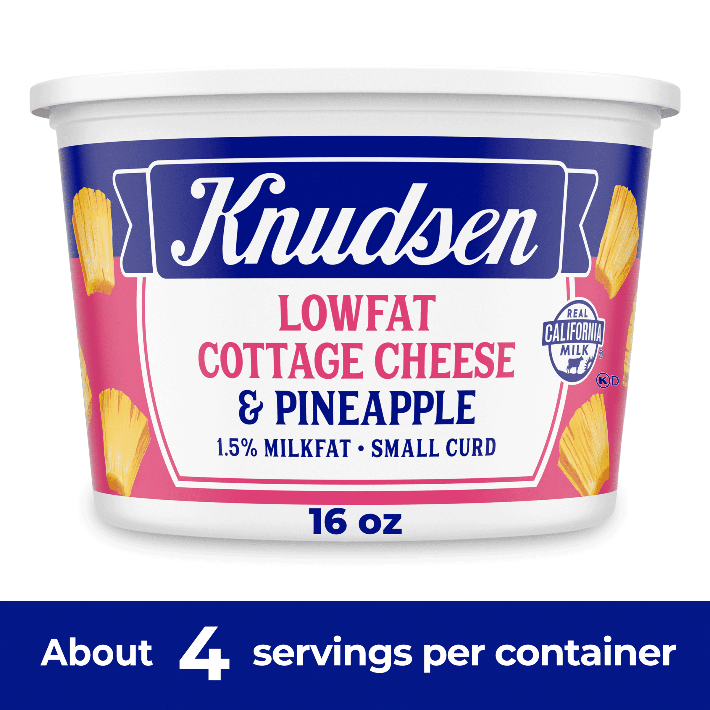 Knudsen's Lowfat Cottage Cheese With Pineapple, 2% Milkfat, Small Curd, 16 oz Tub, 9g of Protein Per Serving