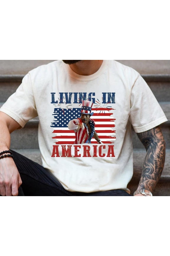 Apollo Creed Living In America T-shirt, Retro USA Shirt, 4th Of July, Blossom XL