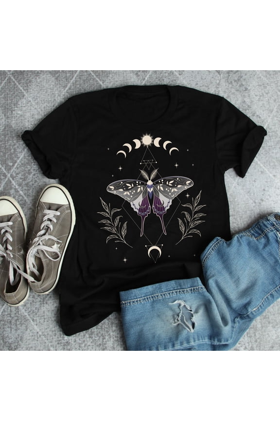 Asexual Shirt Women Men Ace Fl.ag Gift T-shirt Festival Tee Subtle Demisexual Luna Moth Moon Phase Cottagecore, Navy XL