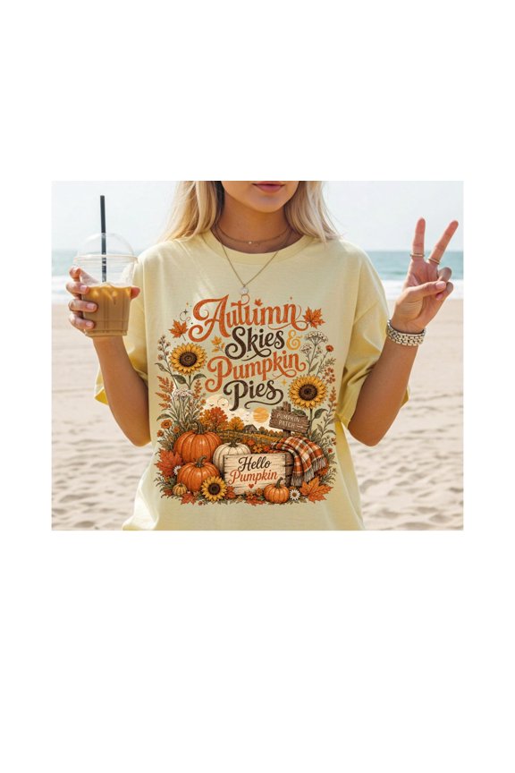 Autumn Skies Comfort Colors® Pumpkin Fall Tee, Pumpkin Patch Shirt, Women Thanksgiving Gift, Vintage Fall Graphic Tee, Moss S