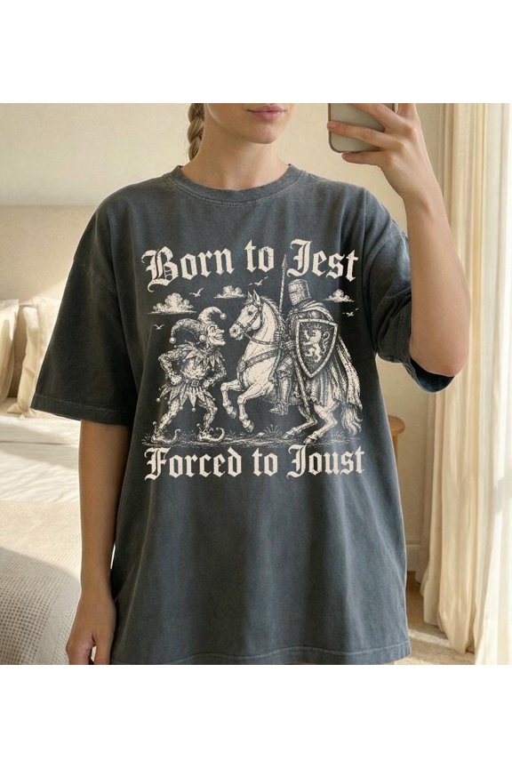 Born To Jest Forced To Joust Knight Graphic Tee, Medieval Jester Shirt, Graphite M